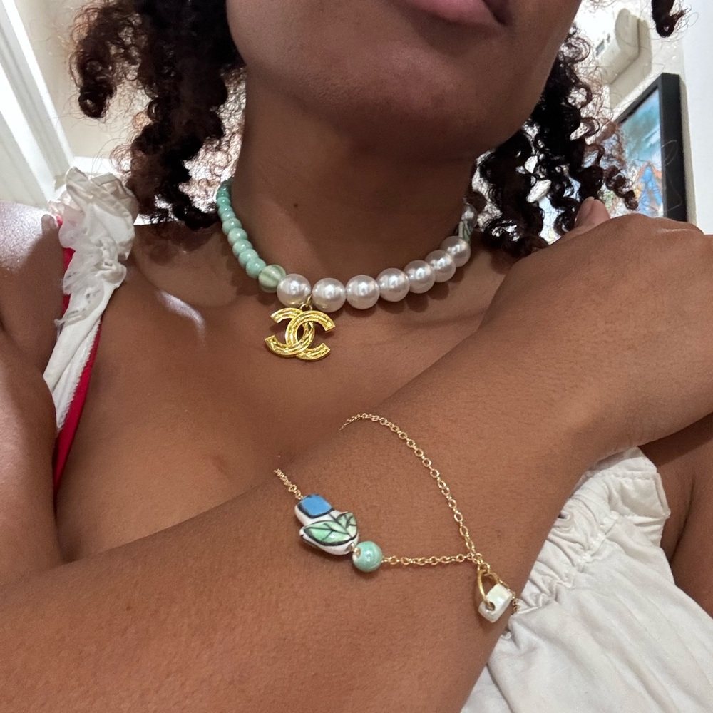 Gold and Pearl Necklace with Mint Accents